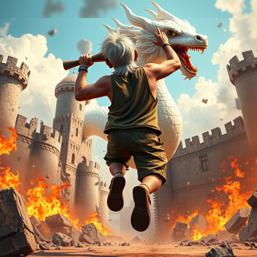 Cartoon 3D High-Resolution,dynamic battle scene using Unreal Engine 5 and Octane Render. The scene features back of an elderly, thai man with a beard,messy hair and round golden-rimmed glasses. He is wearing a tattered tank top with soot marks, shorts, and sandals. sweating. he wields a baseball bat. He jump to fight with a white fire-breathing Europe dragon amidst a partially destroyed stone castle. Include intense flames, smoke, and debris to enhance the dramatic effect.