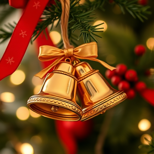 close-up of two golden bells hanging on a Christmas tree branch adorned with red ribbon and berries, captured with a Canon EOS R5, 50mm f/1.2 lens, aperture f/2.8, shutter speed 1/125s, ISO 100, soft bokeh background for enhanced depth of field