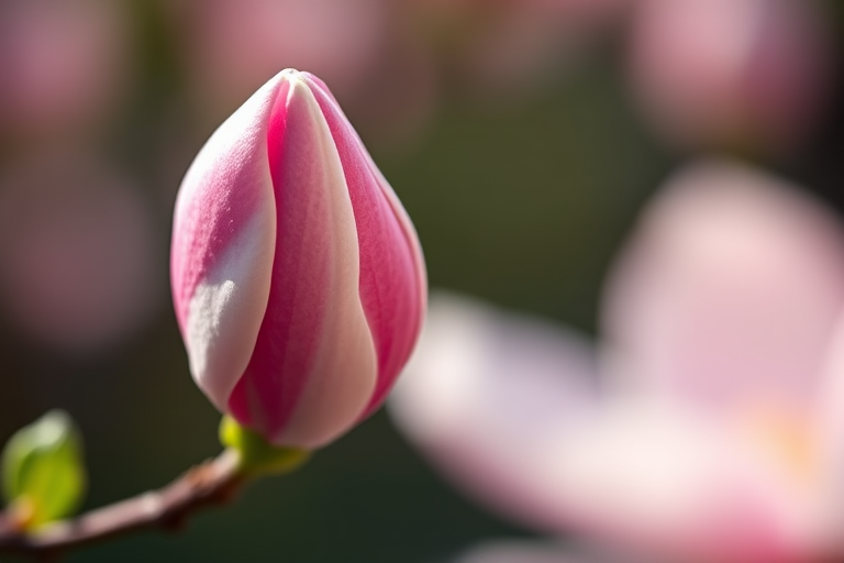 macro shot of a magnolia bud with soft focus background, 85mm lens, aperture f/2.8, shutter speed 1/200, ISO 100, natural light, DSLR camera