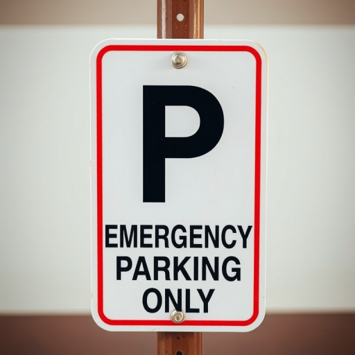 Create an ultra-high-definition image of a parking sign with bold red and black colors, featuring a large letter P crossed out, the text "EMERGENCY PARKING ONLY" in clear, legible font, shot with a DSLR camera at f/8 aperture, 1/200s shutter speed, ISO 100, using a 50mm lens from a frontal view with soft lighting for enhanced clarity and contrast.