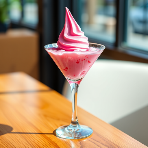 Create a high-resolution image of a vibrant pink ice cream dessert in a tall martini glass, placed on a wooden table, shot with a DSLR camera at f/2.8 aperture, 50mm lens, and natural lighting to enhance the details and texture.