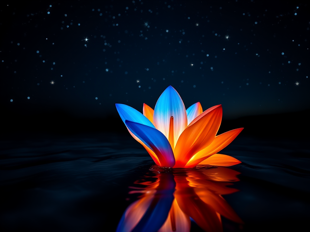 Create a vibrant, glowing blue and orange flower emerging from a shimmering water surface under a starry night sky, 85mm lens, f/2.8 aperture, ISO 200, low angle shot, macro photography.
