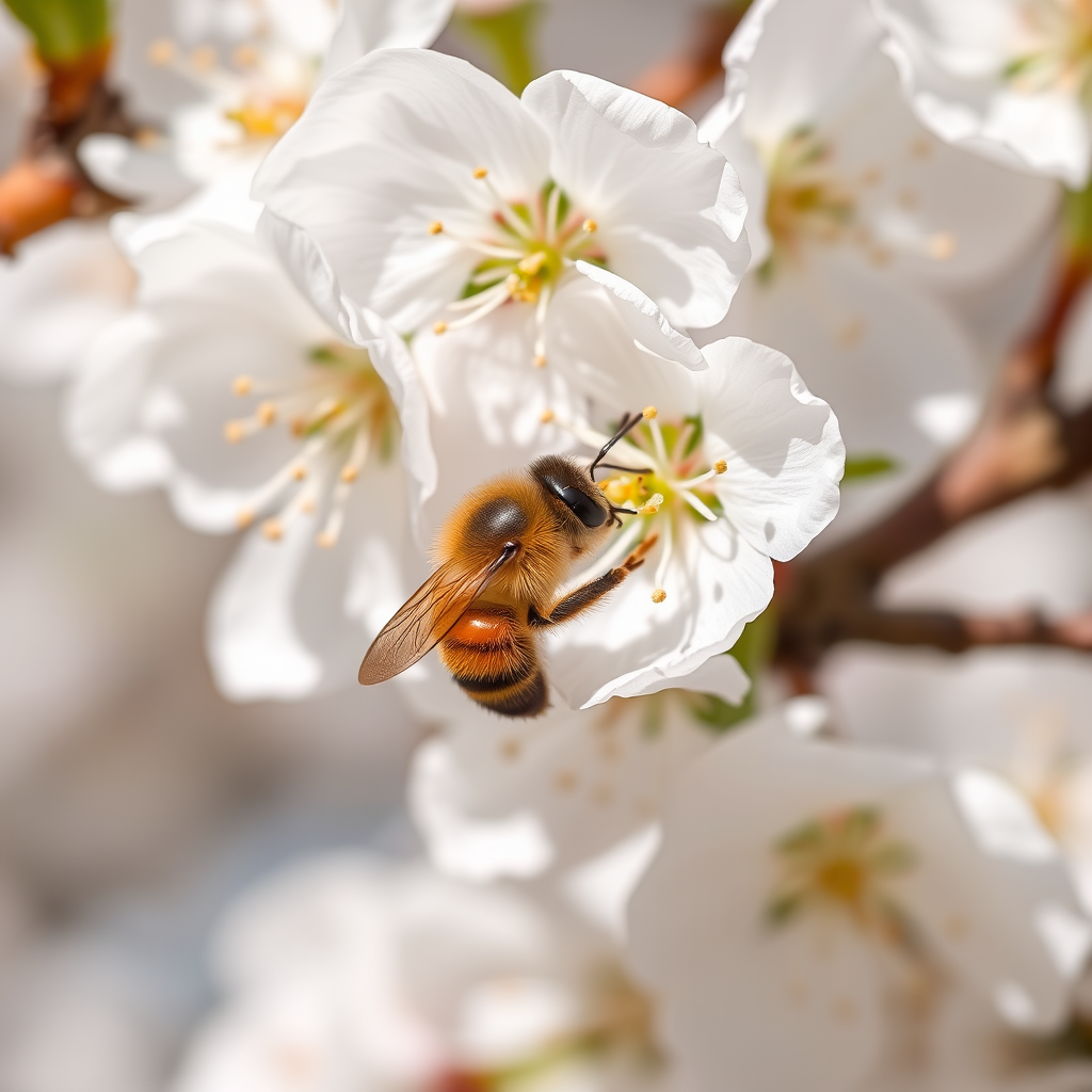 Close-up of a bee pollinating delicate white cherry blossoms, shallow depth of field, ISO 100, f/2.8, 1/200s, macro lens, natural soft sunlight, DSLR camera.