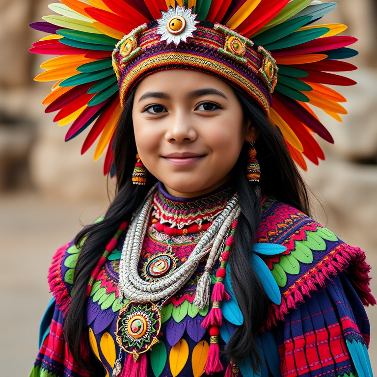 A beautiful Quechua girl, wearing colorful bird clothing with vibrant colors