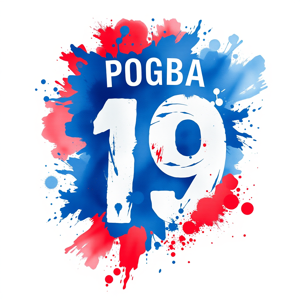 Create a vibrant digital artwork featuring the French national football team's colors of blue, white, and red in a watercolor splash style, highlight the name "POGBA" and the number "19" prominently, designed for high resolution with a Canon EOS 5D Mark IV, 50mm lens, f/1.8 aperture, ISO 100, and a soft focus background.