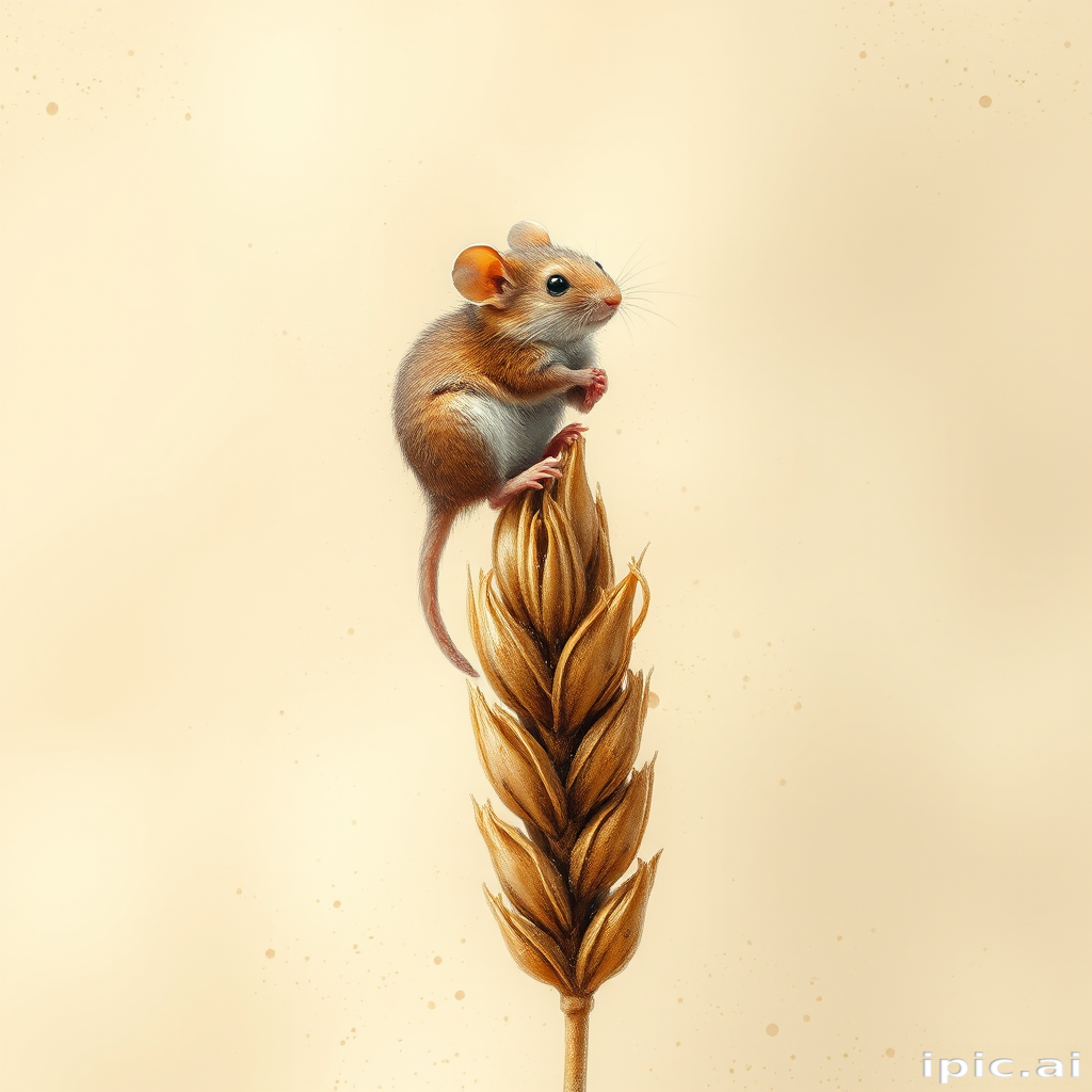 Soft, muted Alcohol Ink with ebru effect background image of tiny whimsical mousey, who climbed high on the top of a golden rye ear.