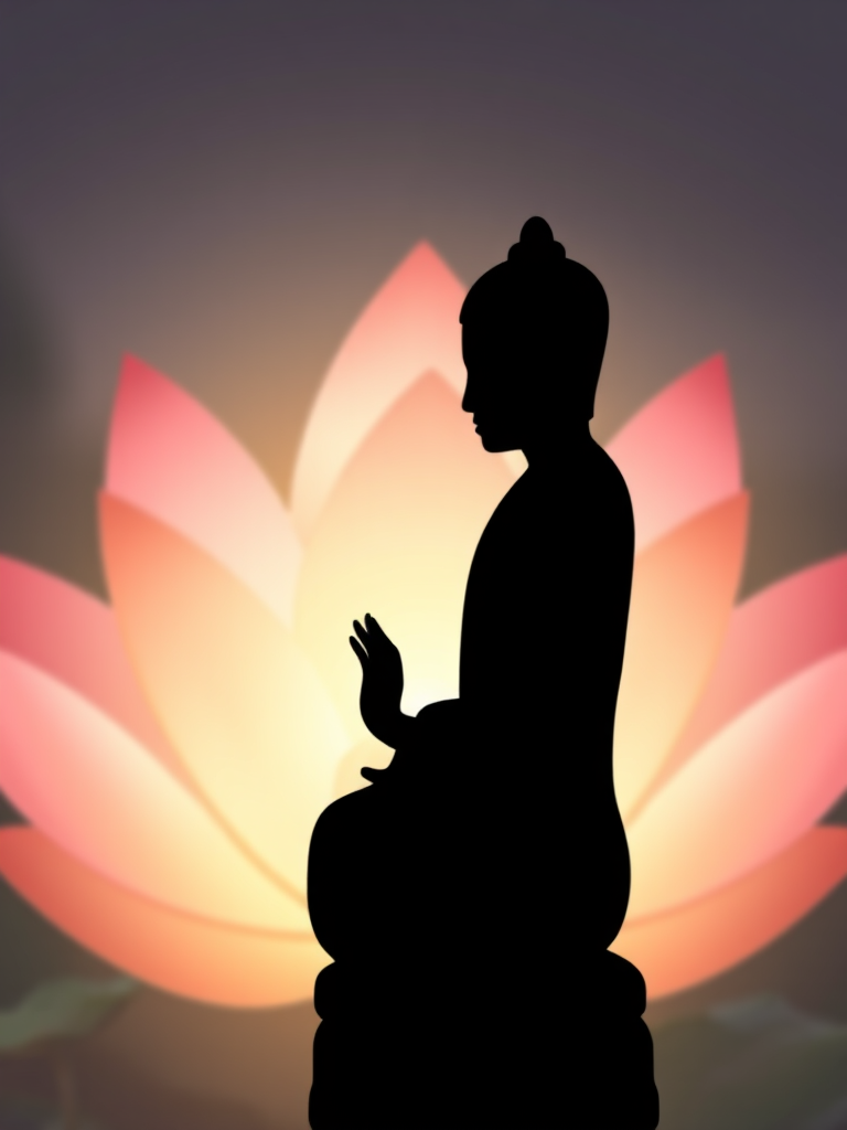 Create an illustration of a meditating Buddha silhouette in front of a lotus flower background, using a Canon EOS 5D Mark IV with a 50mm lens, aperture f/1.8, ISO 100, and a soft-focus effect for a serene atmosphere.