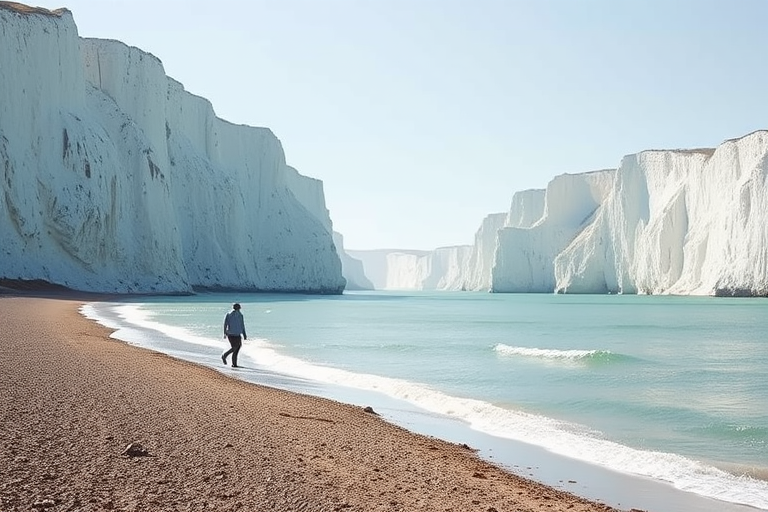 Create a serene landscape image of a person walking along a tranquil, pale green shoreline with towering white cliffs, captured with a full-frame camera at f/8, ISO 100, 1/125s, using a wide-angle lens to emphasize depth and scale, in soft natural light.