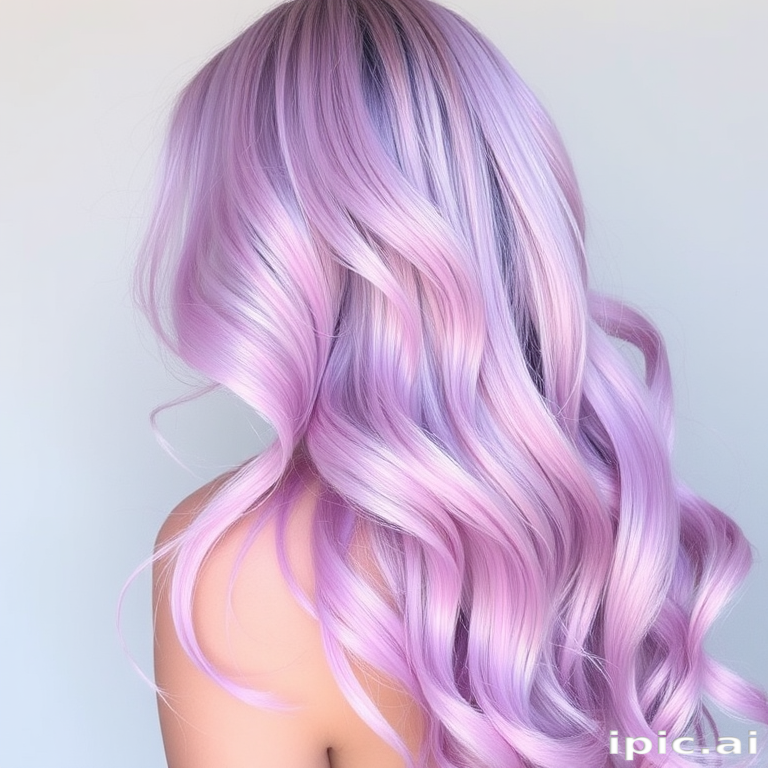 Ethereal lavender-tinted tresses in the "Mystic Meadow" style, long flowing layers with subtle pastel pink balayage, soft beachy waves cascading down back, face-framing pieces delicately curled, iridescent sheen reflecting light beautifully
