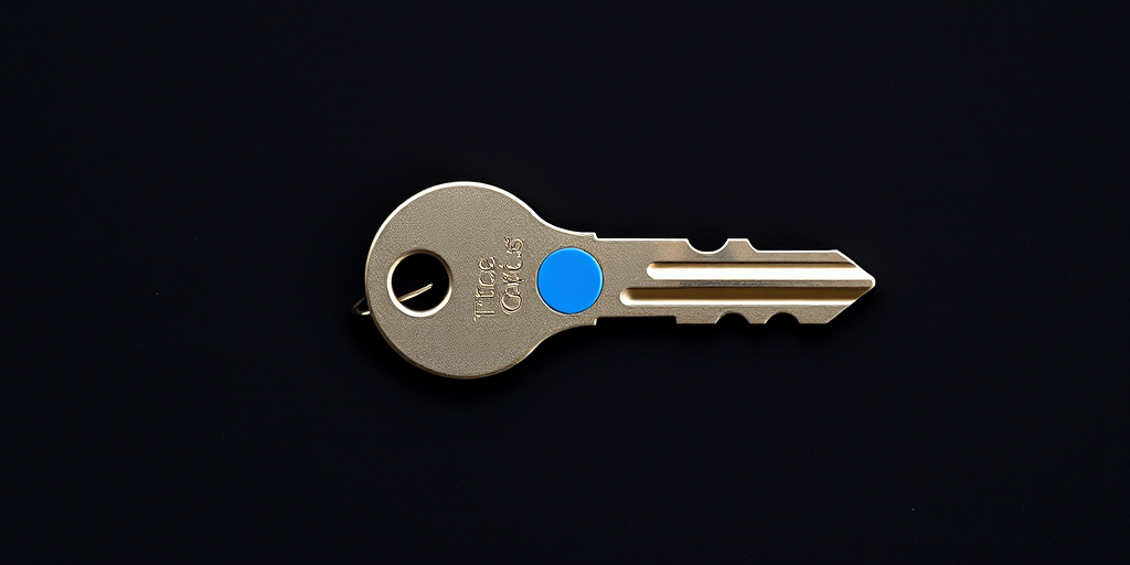 Create a high-resolution image of a simple key with a circular head and a blue dot, using a DSLR camera with a 50mm lens, f/2.8 aperture, ISO 100, natural lighting, and a flat lay view for enhanced clarity and detail.