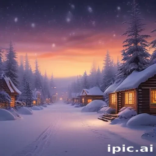 Charming Winter Village at Dusk with Snow-Covered Cabins and Trees