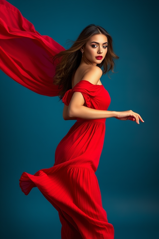 A woman in a flowing red dress, captured in a dynamic pose with a textured fabric trailing behind her, vibrant background in contrasting colors, shot with a Canon EOS R5, 50mm lens, f/1.8 aperture, ISO 100, 1/200s shutter speed, in a portrait orientation with soft lighting for enhanced depth and clarity.