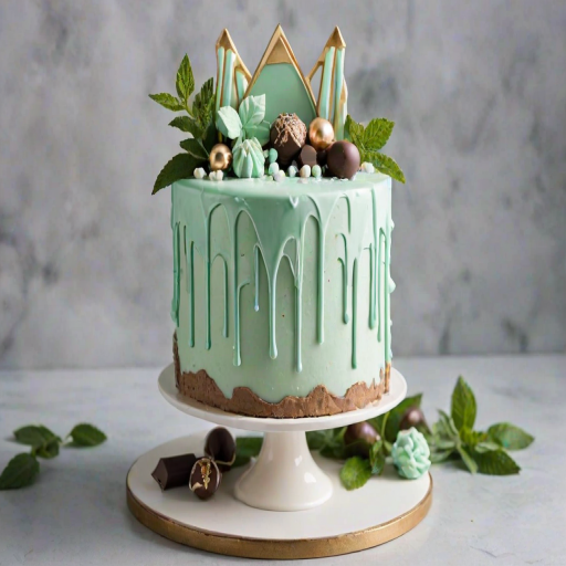 Create an image of a tall, elegant cake with a smooth mint green icing. The cake features various decorations including geometric shapes, chocolate pieces, and small pearls. There are drips of icing cascading down the sides, and the top is adorned with a few mint leaves and a cluster of decorative elements. The cake is displayed in a clear box to emphasize its design.