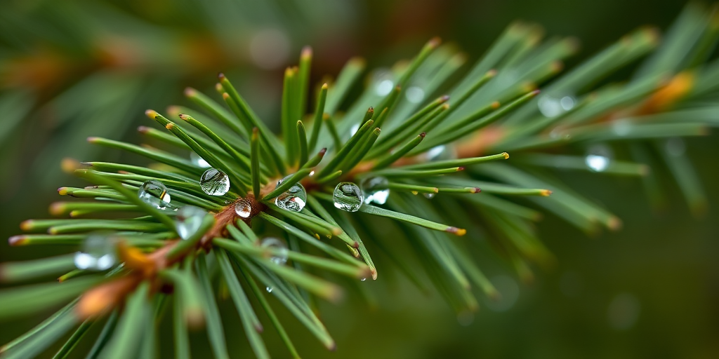 close-up of pine needles with rain droplets, shallow depth of field, soft focus background, natural light, f/2.8 aperture, ISO 100, 1/200 sec shutter speed, DSLR camera, macro lens, 50mm focal length, warm color balance.