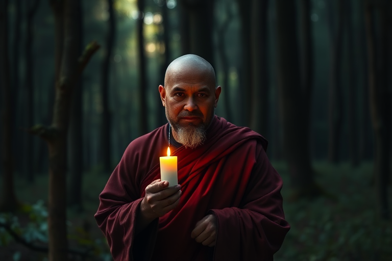 Create an image of a serene monk in a deep forest setting, holding a candle, captured with a Canon EOS R5, 50mm lens, f/1.2 aperture, ISO 100, and a soft focused background, utilizing natural sunlight for a warm, ethereal glow.