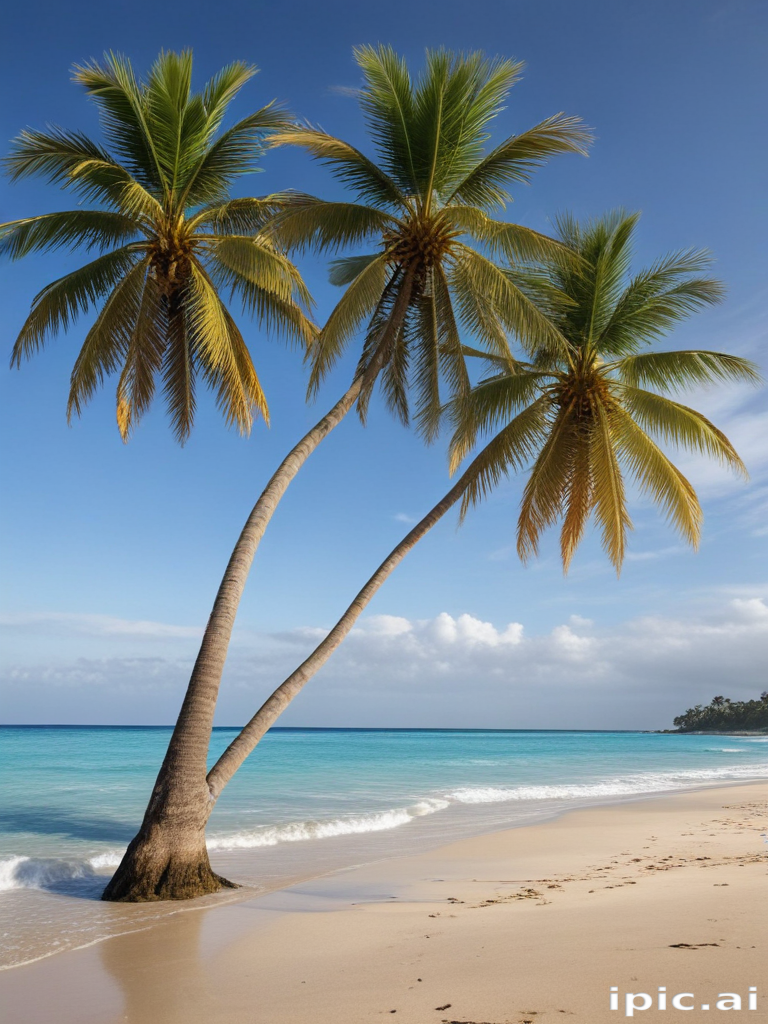 Tranquil Beach Scene Featuring Lush Palm Trees Against a Clear Sky