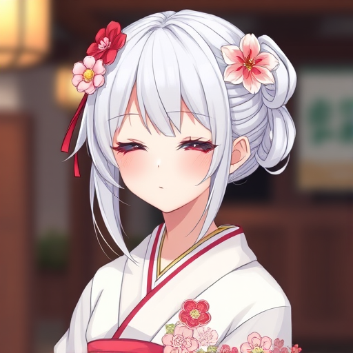 i want the whole image to be created in 3D anime style, 1girl, solo, blush, hair ornament, closed mouth, closed eyes, upper body, flower, white hair, japanese clothes, hair flower, kimono, blurry, eyelashes, makeup, depth of field, blurry background, drill hair, floral print, lipstick, eyeshadow, hair rings, kanzashi