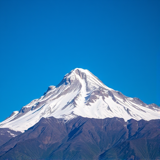 Generate a high-resolution image of a snow-capped mountain peak against a clear blue sky, using a Canon EOS 5D Mark IV with a 24-70mm f/2.8 lens, at an aperture of f/11, ISO 100, and a shutter speed of 1/200 sec, captured from a low-angle perspective to emphasize the mountain's grandeur.