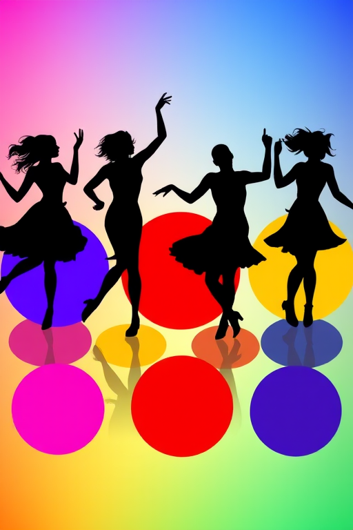 Create a vibrant silhouette illustration of six dancing figures on colorful circular shapes with a gradient background, using a high-resolution digital camera, 50mm lens, f/4 aperture, 1/100 sec shutter speed, and soft light to enhance details and contrast.
