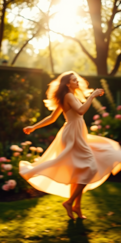 Blurry action shot of a woman twirling in a flowy dress in a sunlit garden, soft golden light filtering through the trees, with flowers softly blurred in the background.