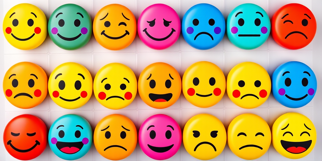 Create a high-resolution image of a grid of 16 colorful emoticons arranged in a 4x4 layout, including various expressions like happiness, sadness, surprise, and anger, using a 50mm lens, aperture f/2.8, ISO 100, and shot from a top-down view to capture vibrant colors and clear details.