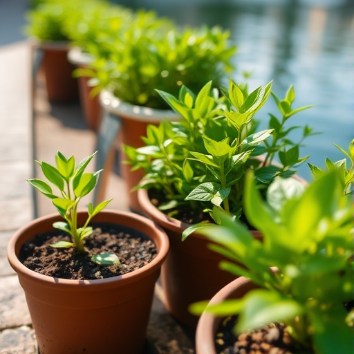 Close-up of green plants in pots by a calm water surface, soft natural lighting, use a shallow depth of field to blur the background, camera settings: f/2.8, ISO 200, 1/200s, shot from a low angle with a 50mm lens, in a DSLR style for enhanced image quality.