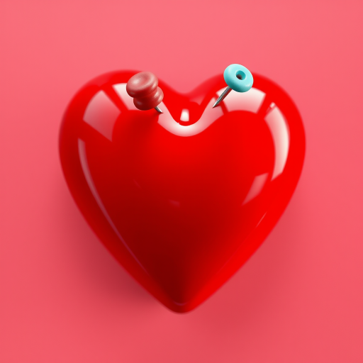 Create a 2D illustration of a stylized red heart with a glossy finish and a push pin on top, using a Canon EOS R6 with a 50mm f/1.8 lens at f/2.8, set to ISO 100 and a shutter speed of 1/200 sec, captured in soft natural light and a slight top-down angle for a clean, vibrant look.