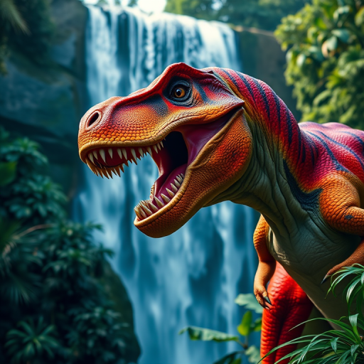 A hyper-realistic depiction of a colorful T-Rex roaring in front of a majestic waterfall in a lush jungle setting, captured with a DSLR camera at f/2.8, ISO 100, 50mm lens, natural lighting, vibrant colors, high saturation, depth of field focus on the dinosaur.