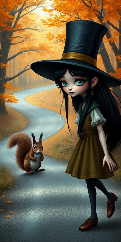 digital art fantasy depicting a strange girl with black hair, long eyelashes, blue lipstick and a tall hat walking along a winding road on an autumn afternoon, an Squirrel smiles as she passes