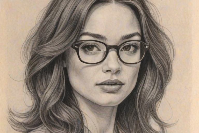 Alluring Crystal Reed, pencil sketch, portrait of Superb woman 1972s in glasses, hair style beatnik, outline, clear lines, fine lines, 8k