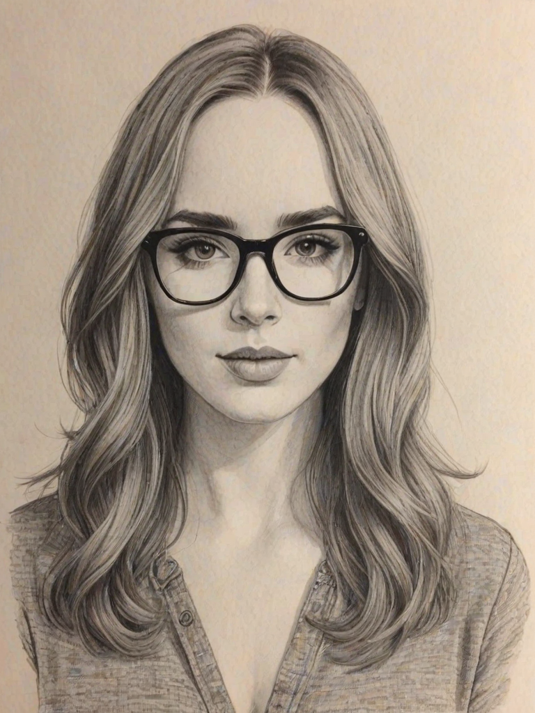 Sublime Camryn Grimes, pencil sketch, portrait of Enticing woman 1965s in glasses, hair style beatnik, outline, clear lines, fine lines, 8k