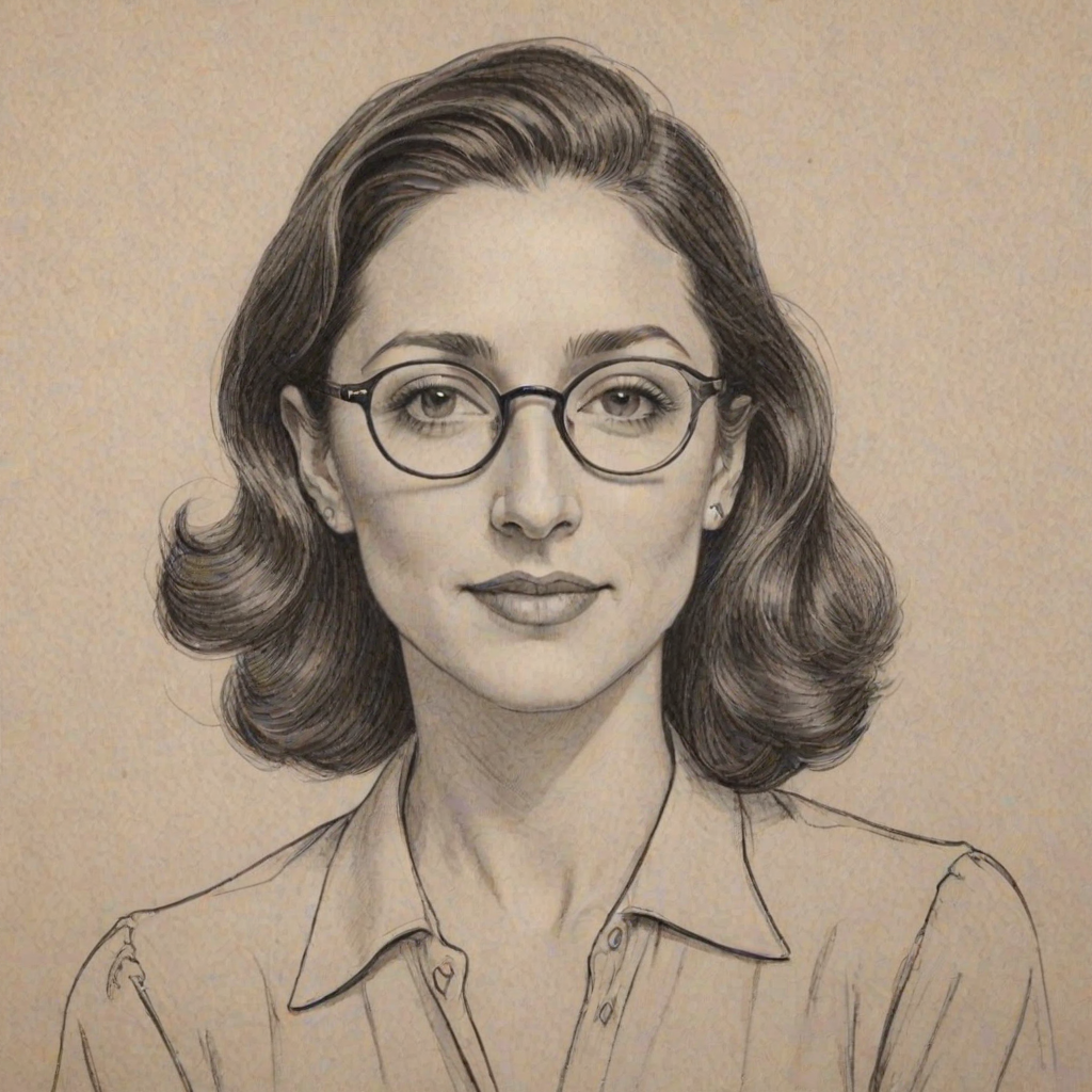 Alluring Marin Hinkle, pencil sketch, portrait of Elegant woman 1936s in glasses, hair style beatnik, outline, clear lines, fine lines, 8k