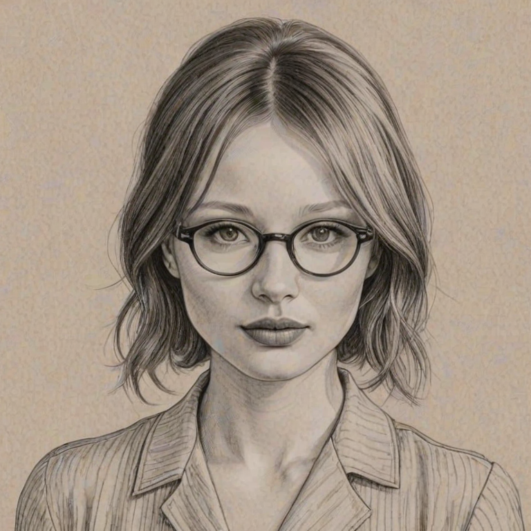 Splendid Emily Browning, pencil sketch, portrait of Appealing woman 1945s in glasses, hair style beatnik, outline, clear lines, fine lines, 8k