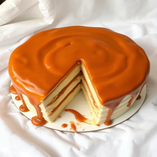 A round caramel cake with smooth glossy caramel icing on top and sides showcasing a slice cut out revealing layers of light sponge cake and caramel filling on a white cloth background.