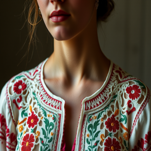 Face, shoulders, chest covered in openwork Ukrainian embroidery. Raw, unedited image.