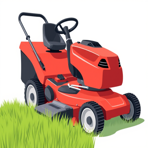 regenerate a high-resolution illustration of a red lawn mower in a modern flat design style, with a clean white background, using a 50mm lens at f/2.8, capturing a side view with soft natural lighting and a focus on detailed textures.