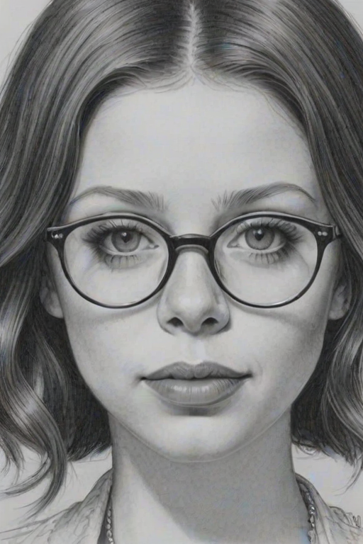 Dazzling Michelle Trachtenberg, pencil sketch, portrait of Delightful woman 1924s in glasses, hair style beatnik, outline, clear lines, fine lines, 8k