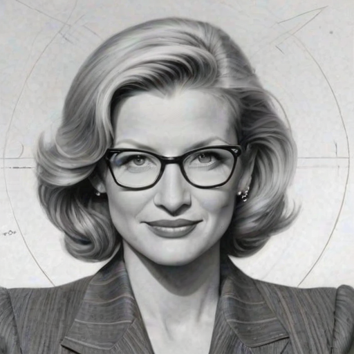 Beauteous Diane Sawyer, pencil sketch, portrait of Comely woman 1940s in glasses, hair style beatnik, outline, clear lines, fine lines, 8k
