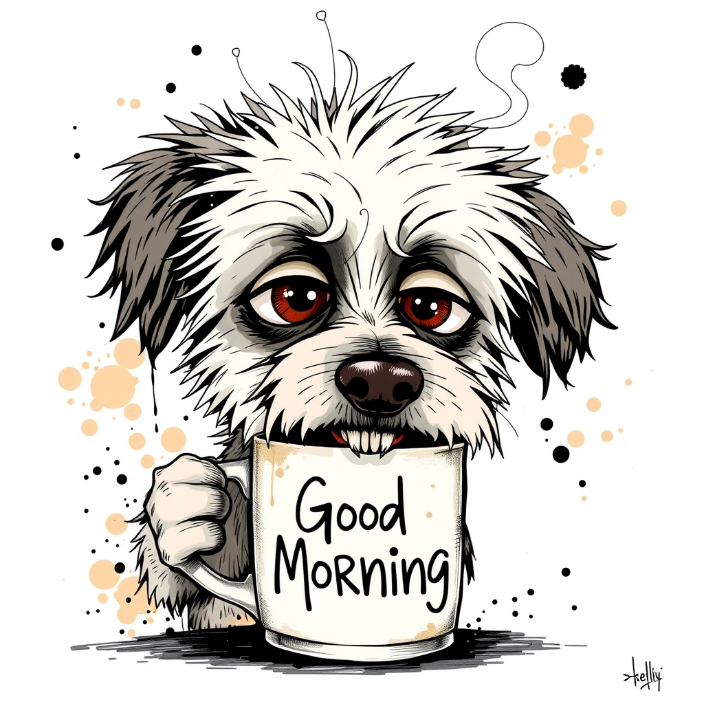 A quirky, artistic illustration of a disheveled shollie dog breed with exaggerated, large eyes and spiky fur, holding a coffee mug that reads "Good Morning". The dog has a tired but humorous expression, with ink splatters and abstract details surrounding it, giving a whimsical feel to the image. The color palette is mostly monochrome with hints of brown in the eyes and steam rising from the mug, enhancing the overall sleepy vibe