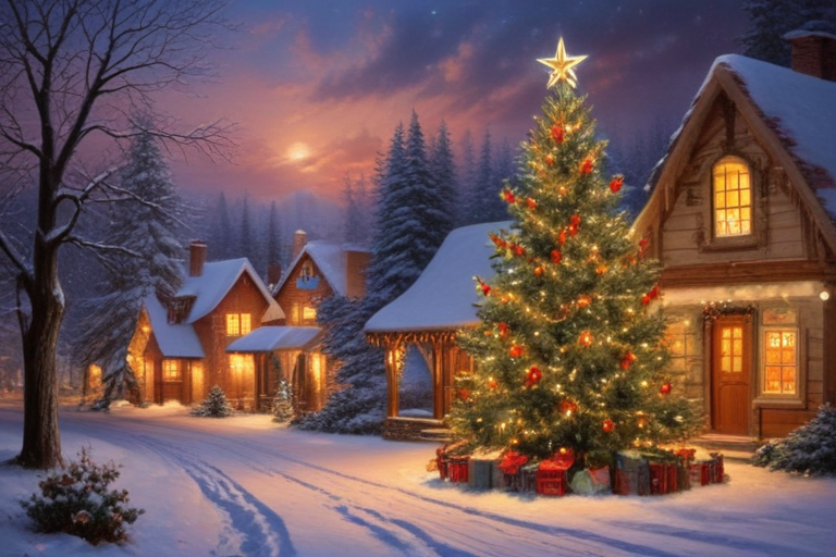 A Cozy Winter Evening Scene Featuring a Festive Christmas Tree and Snow ...