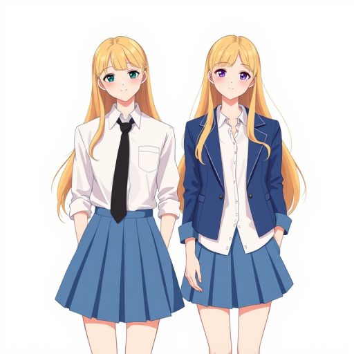 Create an illustration of two teenage girls standing side by side, one in a white shirt and black tie with a pleated blue skirt, the other in a blue blazer over a white shirt with the same skirt, both with long blonde hair, in a minimalist background, captured with a DSLR camera using a 50mm lens, aperture set at f/1.8, ISO 100, and natural lighting to enhance details and colors.