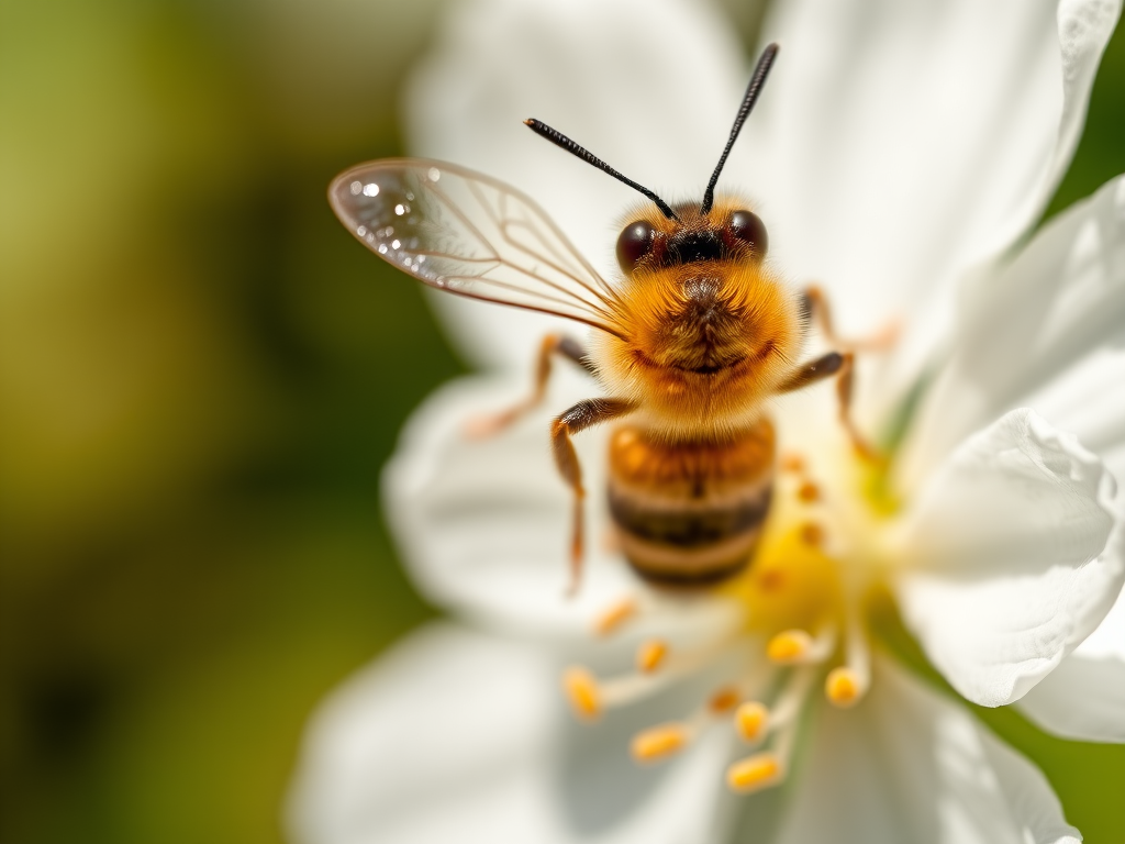 macro shot of a honeybee on a white flower with a blurred background, using a Canon EOS 5D Mark IV with a 100mm f/2.8L macro lens, aperture f/4, shutter speed 1/200s, ISO 100, natural light for enhanced detail and softness