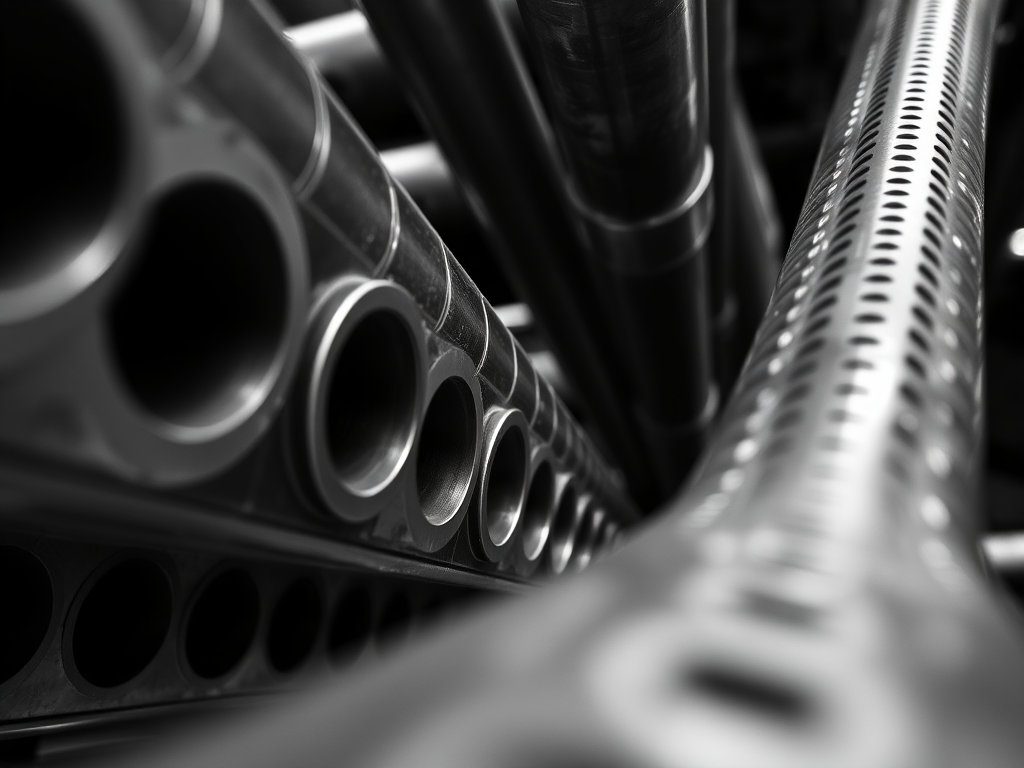 high contrast black and white photograph of metal pipes with circular holes, low angle view, f/4 aperture, 1/125 shutter speed, ISO 200, DSLR camera, macro style focusing on texture and detail
