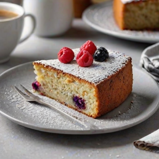Create an image of a freshly baked cake with a golden-brown crust, topped with sliced almonds and sprinkled with powdered sugar. The cake should have a slice removed, revealing a moist interior with mixed berries. Include a small cup of coffee in the background and a few plates stacked nearby. The setting should have a clean, modern kitchen vibe with a gray countertop.