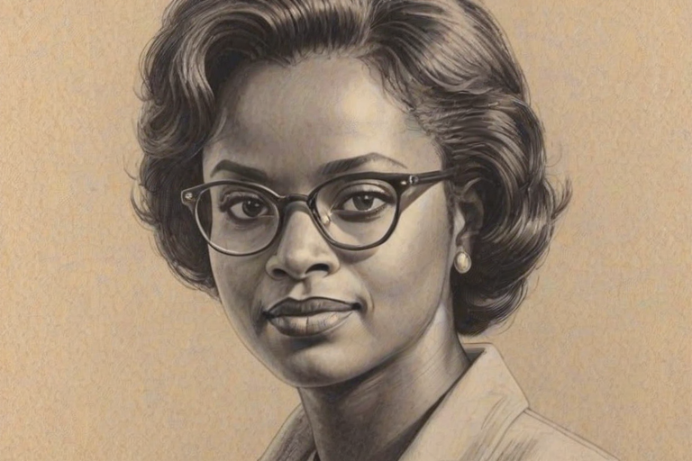 Stunning Anita Hill, pencil sketch, portrait of Resplendent woman 1952s in glasses, hair style beatnik, outline, clear lines, fine lines, 8k