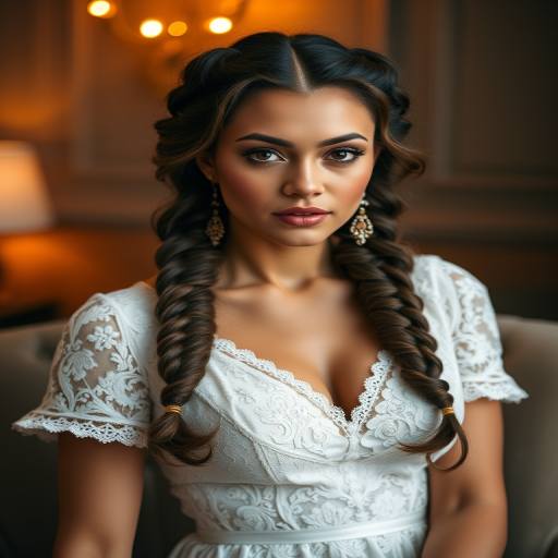 Create a portrait of a refined and elegant woman seated in a sophisticated setting. She has long, wavy hair styled in two thick braids that are pulled over her shoulders. She wears a white, lace gown with intricate patterns, featuring a deep V-neckline and short sleeves. The dress exudes a vintage charm with its delicate lacework. She is adorned with ornate, dangling earrings that add a touch of glamour to her appearance. The background is softly lit, with warm, ambient lighting that creates a cozy and inviting atmosphere. Her expression is poised and serene, capturing a sense of grace and elegance.