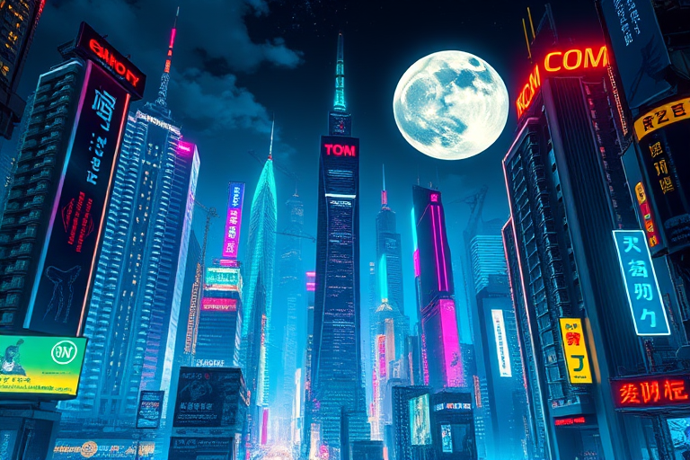 Generate a vibrant cyberpunk cityscape with towering skyscrapers and a large moon in the background, captured with a Canon EOS R5, 24mm lens, f/2.8 aperture, ISO 100, long exposure for enhanced neon lights, panoramic view, digital illustration style.