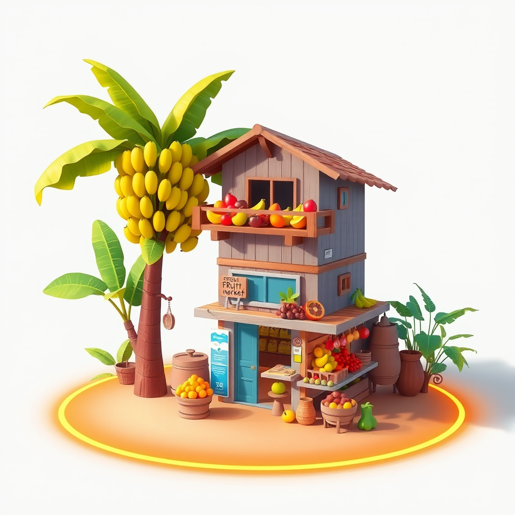 A vibrant tropical fruit market with a small, two-story building. A large banana tree stands nearby, with the fruit displayed on the balcony. The ground is surrounded by a glowing orange and yellow ring