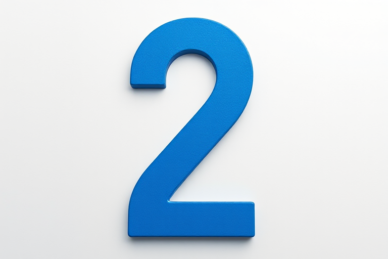 Generate an image featuring a large blue number "2" on a plain background, shot with a DSLR camera at f/2.8 aperture, ISO 100, 50mm lens, in portrait orientation, with soft diffused lighting.