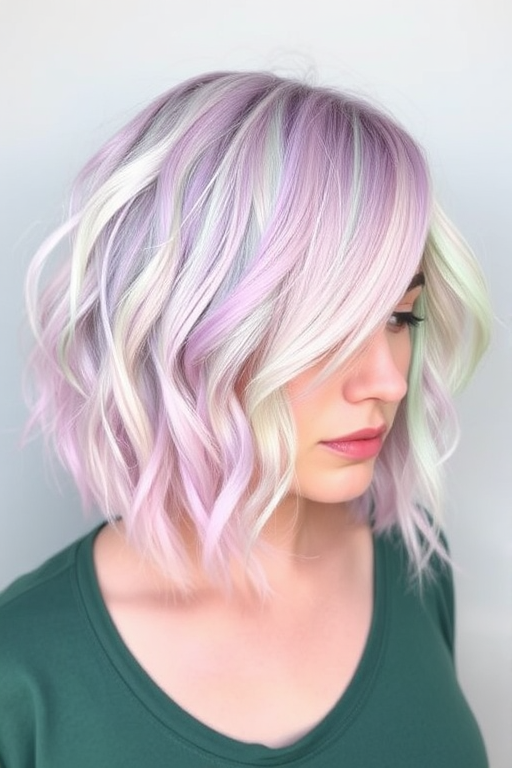 Whimsical Watercolor Bob featuring a soft blend of pastel pink, lavender, and mint green hues in a chin-length cut with tousled, textured waves